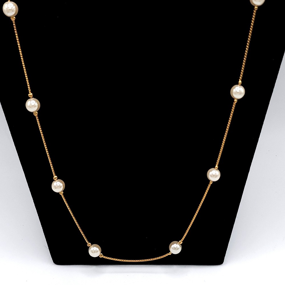Gold Tone Faux Pearl Station Necklace Layered 30in - Picture 2 of 4